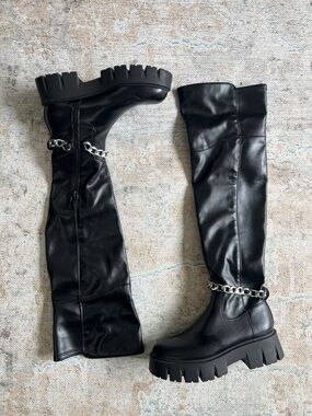 G by Guess Black Over-the-Knee Chain-Trim Platform Boots